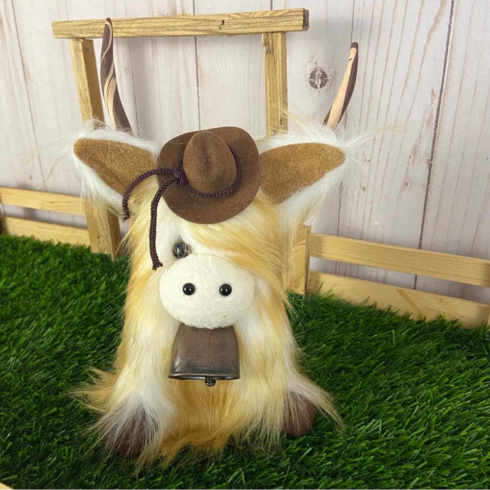 Highland Cow Coo Gnome Tan White Cowboy Hat Bell Handmade Farmhouse Home Decor